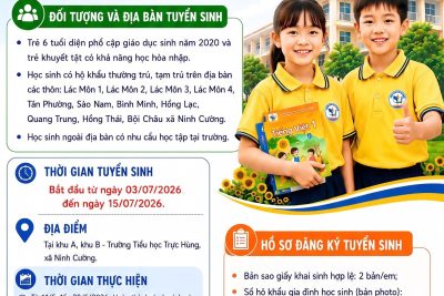 Trường Tiểu học Trực Hùng thông báo tuyển sinh lớp 1 năm học 2026 – 2027.